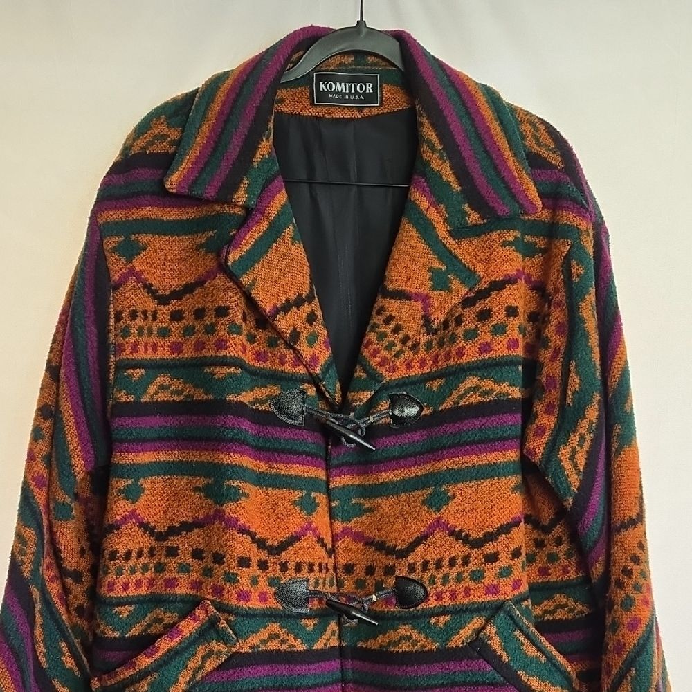 Komitor Vintage Multicolor Toggle Pea Coat in Orange, Green & Purple.. Jacket..